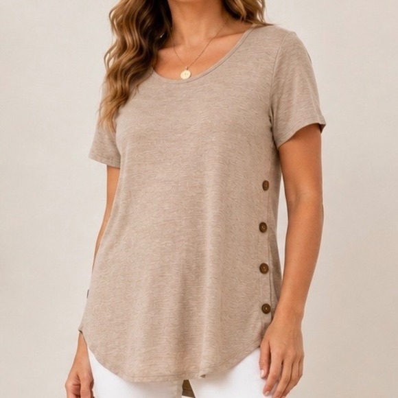 42Pops Tops - 42Pops S Beige Side Button Tunic Top Short Sleeve High Low Hem Stretch Casual